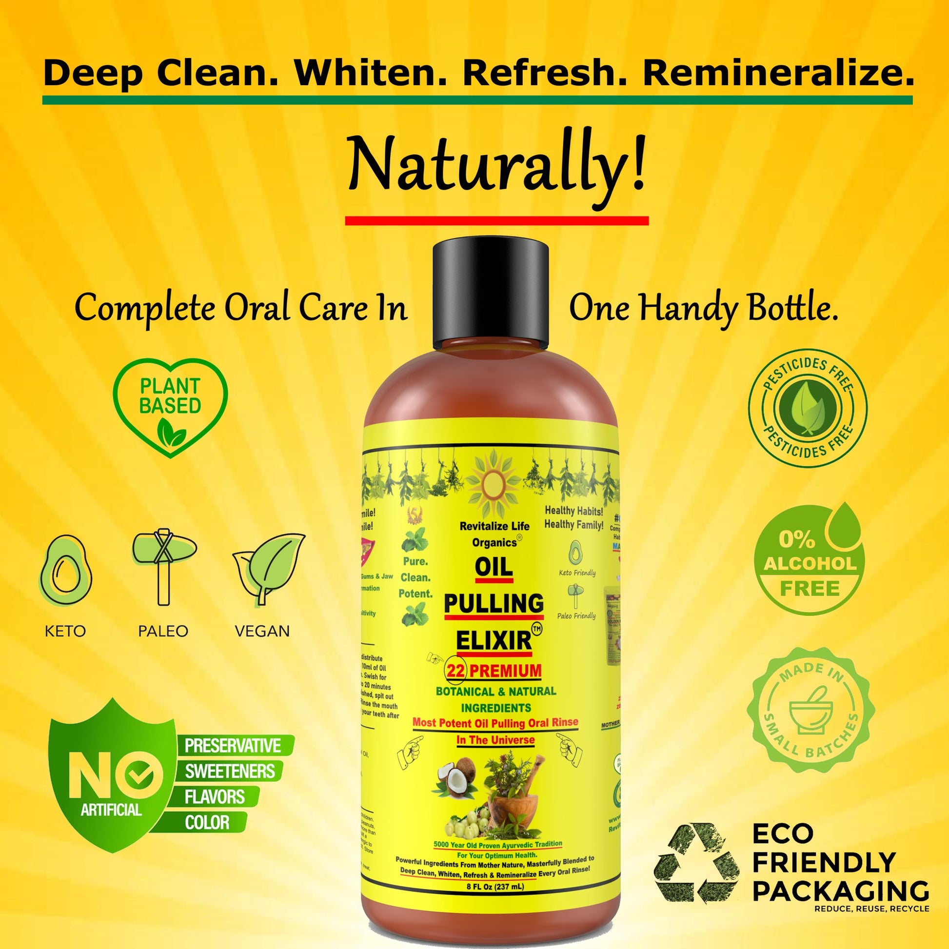 Oil Pulling Elixir - 22 Ingredients Natural Oral Care Blend for Deep Clean, Teeth Whitening, Fresh Breath & Remineralization - Coconut, Peppermint, Clove - Lab Tested, Discreet Shipping, Worldwide Delivery - Revitalize Life Organics -