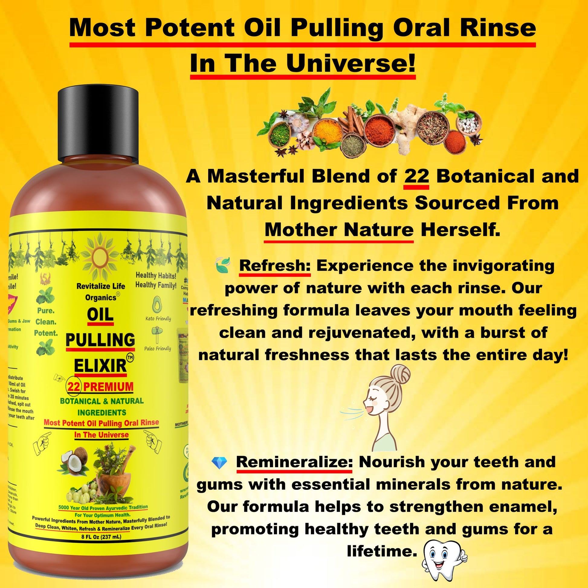 Oil Pulling Elixir - 22 Ingredients Natural Oral Care Blend for Deep Clean, Teeth Whitening, Fresh Breath & Remineralization - Coconut, Peppermint, Clove - Lab Tested, Discreet Shipping, Worldwide Delivery - Revitalize Life Organics -