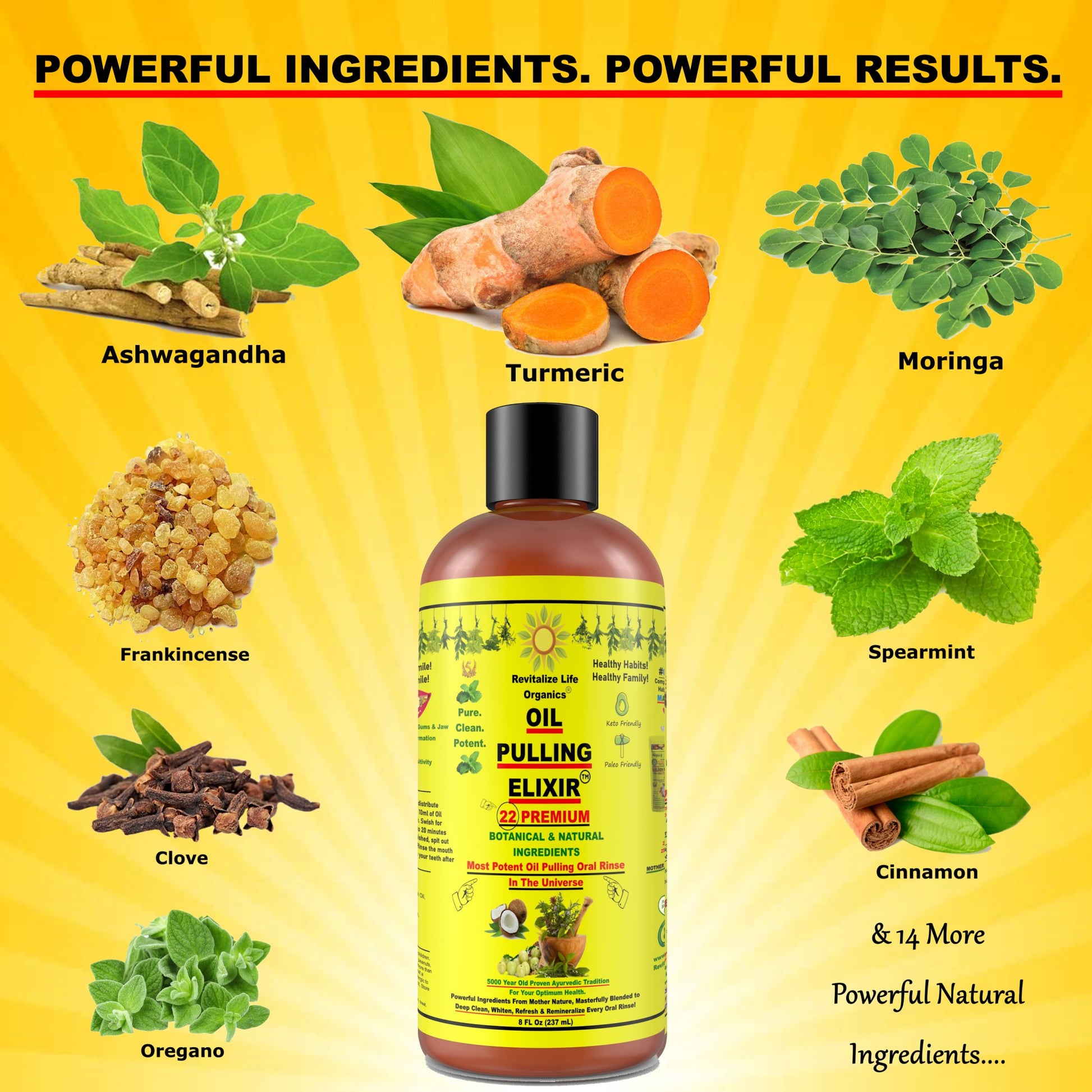 Oil Pulling Elixir - 22 Ingredients Natural Oral Care Blend for Deep Clean, Teeth Whitening, Fresh Breath & Remineralization - Coconut, Peppermint, Clove - Lab Tested, Discreet Shipping, Worldwide Delivery - Revitalize Life Organics -