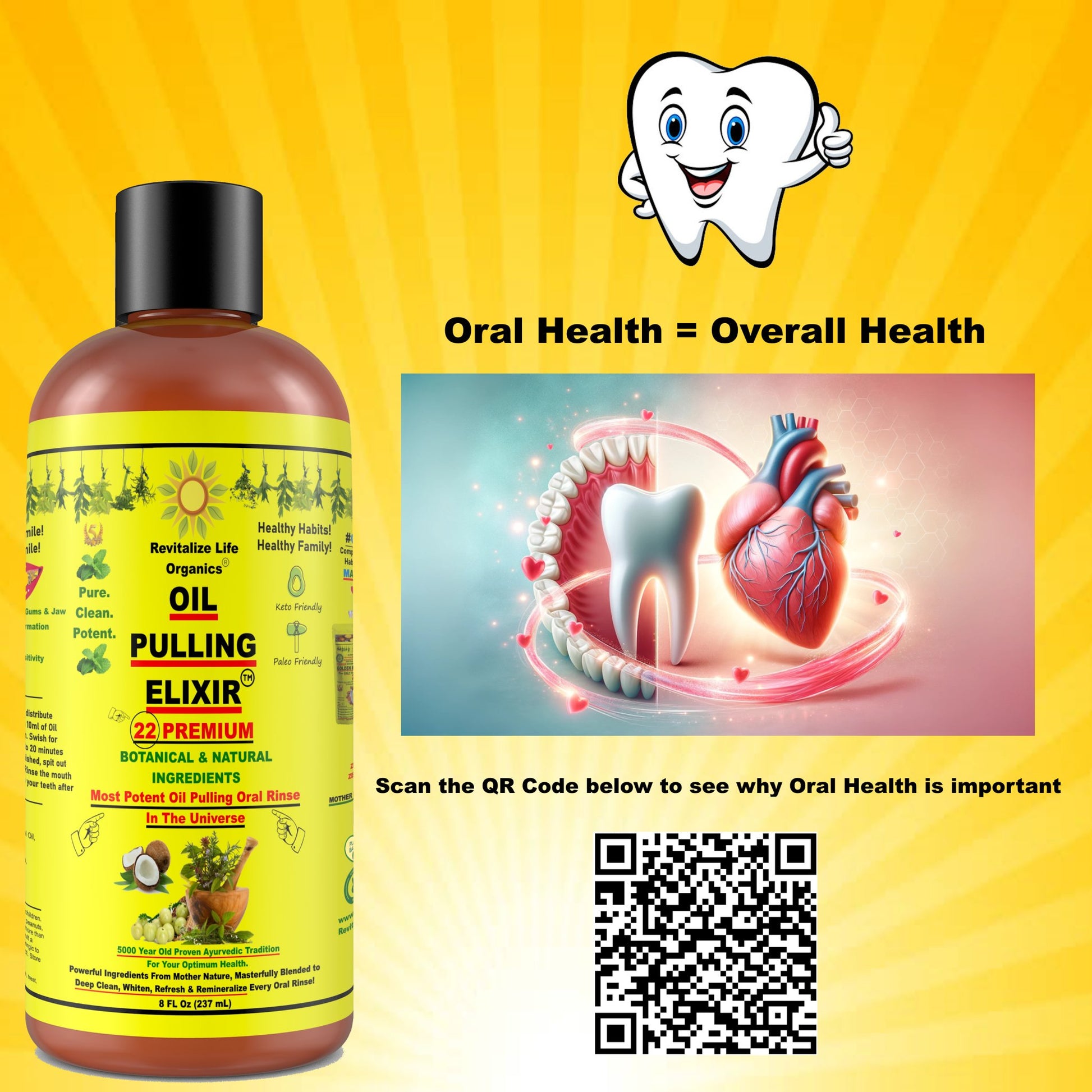 Oil Pulling Elixir - 22 Ingredients Natural Oral Care Blend for Deep Clean, Teeth Whitening, Fresh Breath & Remineralization - Coconut, Peppermint, Clove - Lab Tested, Discreet Shipping, Worldwide Delivery - Revitalize Life Organics -