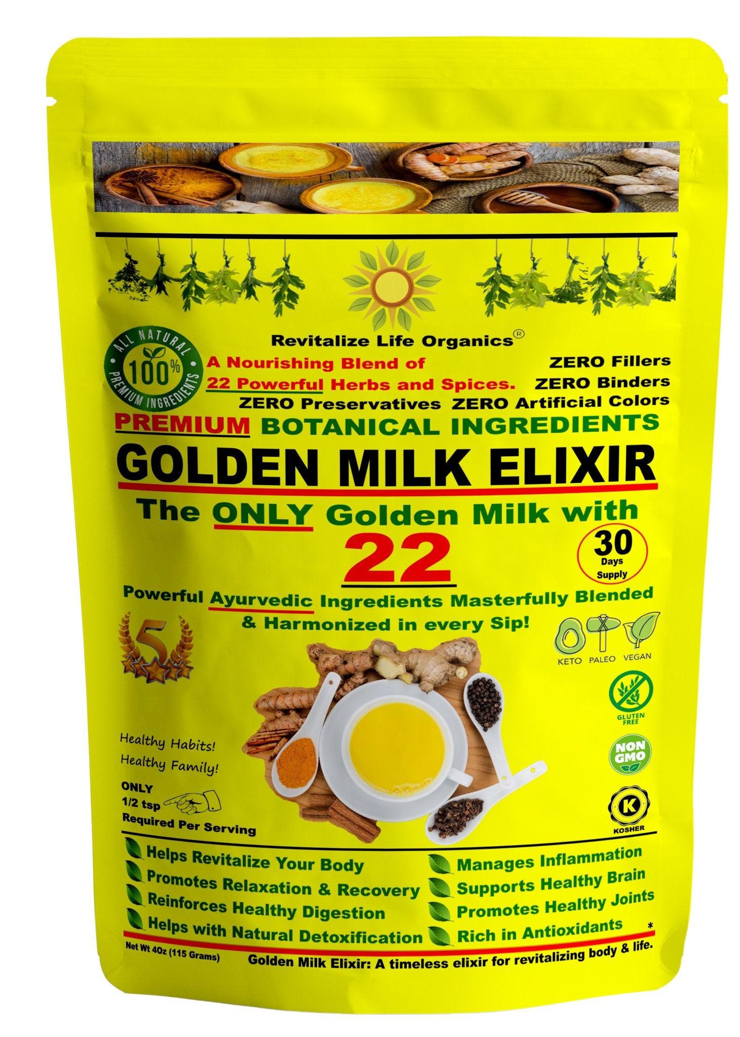 Golden Milk Elixir – Premium Ayurvedic Blend with 22 Powerful Ingredients for Stress Relief, Inflammation Relief, Immune Support, and Overall Wellness - Revitalize Life Organics - 