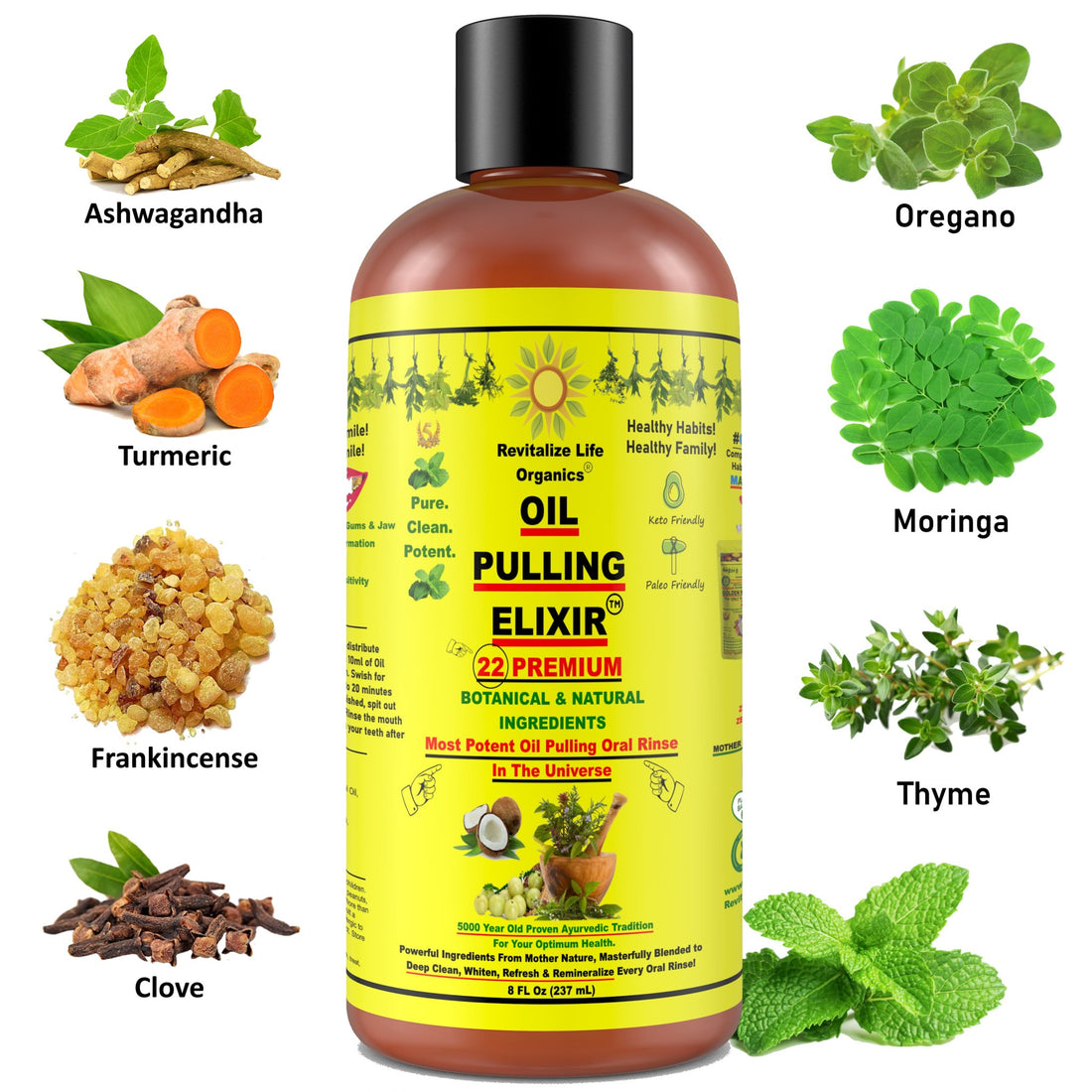 Oil Pulling Elixir - 22 Ingredients Natural Oral Care Blend for Deep Clean, Teeth Whitening, Fresh Breath & Remineralization - Coconut, Peppermint, Clove - Lab Tested, Discreet Shipping, Worldwide Delivery - Revitalize Life Organics - 