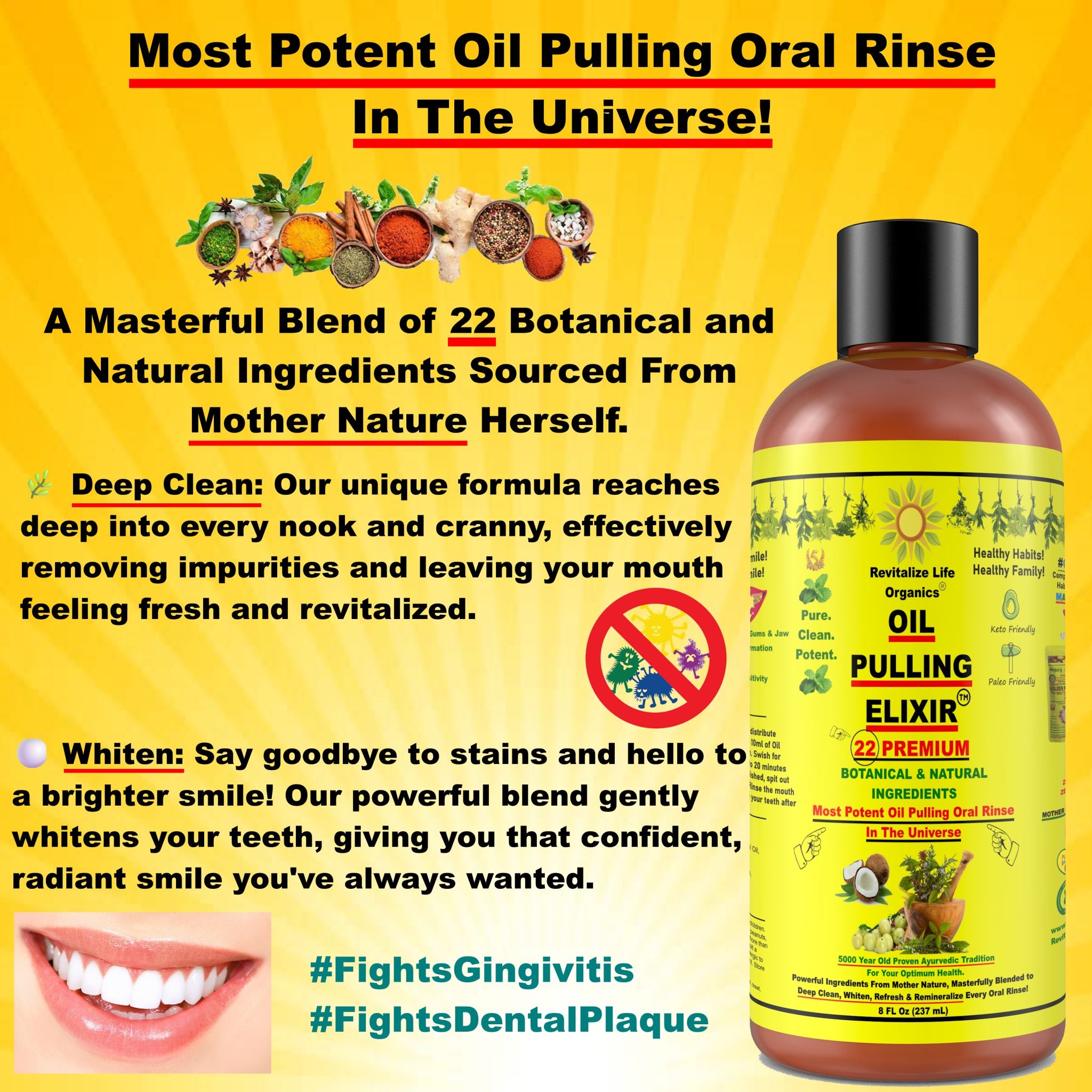 Oil Pulling Elixir - 22 Ingredients Natural Oral Care Blend for Deep Clean, Teeth Whitening, Fresh Breath & Remineralization - Coconut, Peppermint, Clove - Lab Tested, Discreet Shipping, Worldwide Delivery - Revitalize Life Organics - 